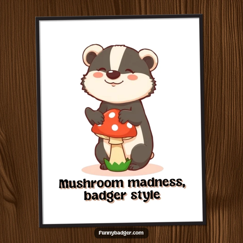Funny Free Printable Wall Art: Badger in a Silly Pose Trying to Balance a Mushroom, Perfect for Whimsical Decor!