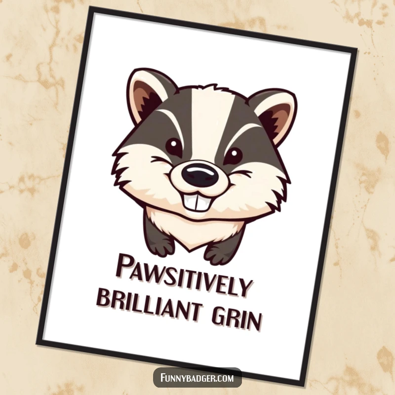 Funny Free Printable Wall Art: A stylized badger's head with a large, sly grin and big, expressive ears.