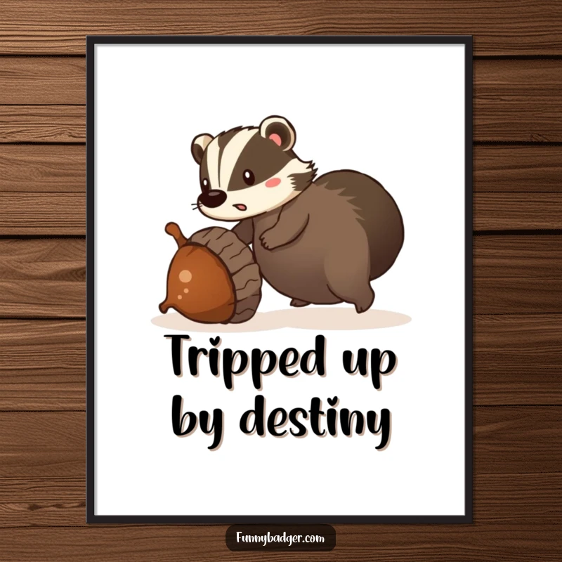 Funny Free Printable Wall Art: A surprised badger trips over a giant, rolling acorn in a comical moment.