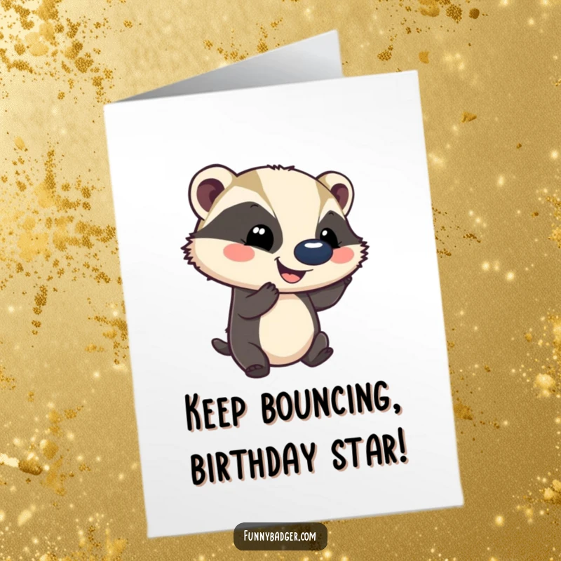 Funny Free Printable Birthday Card: Smiling badger expertly balances a comically large ball on its nose.