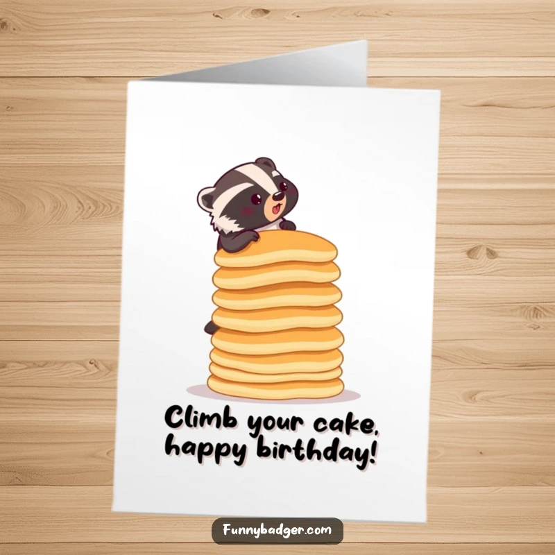 Funny Free Printable Birthday Card: Determined badger attempts to climb a ridiculously tall stack of pancakes.
