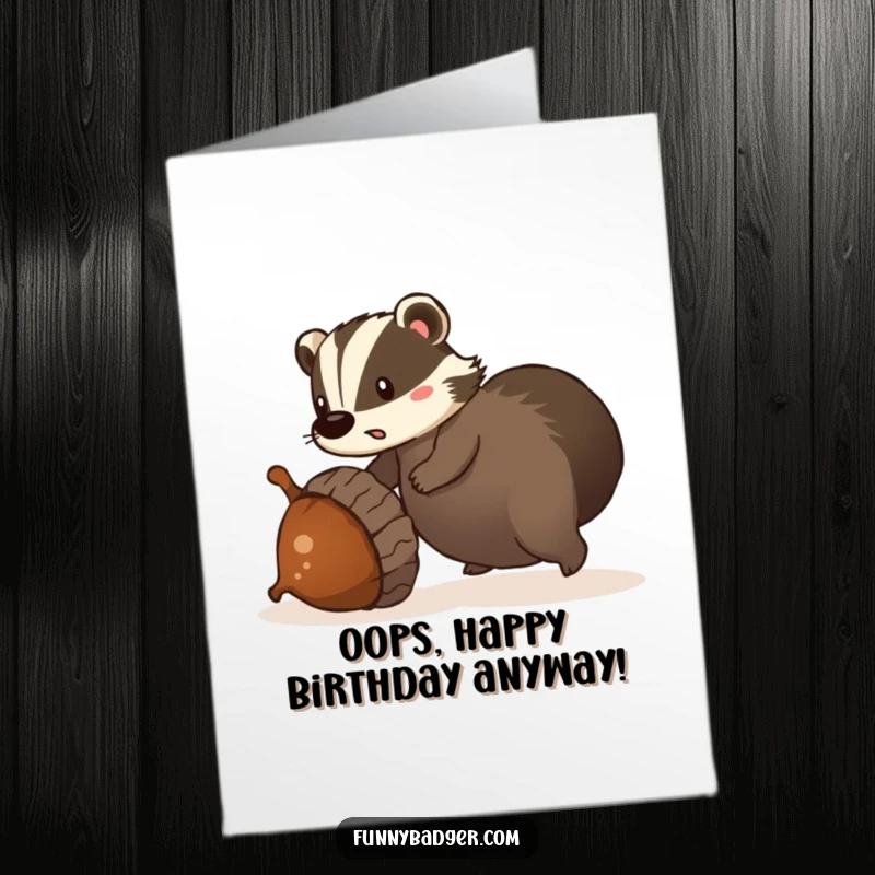Funny Free Printable Birthday Card: Surprised badger trips over a giant, rolling acorn in a comical mishap.