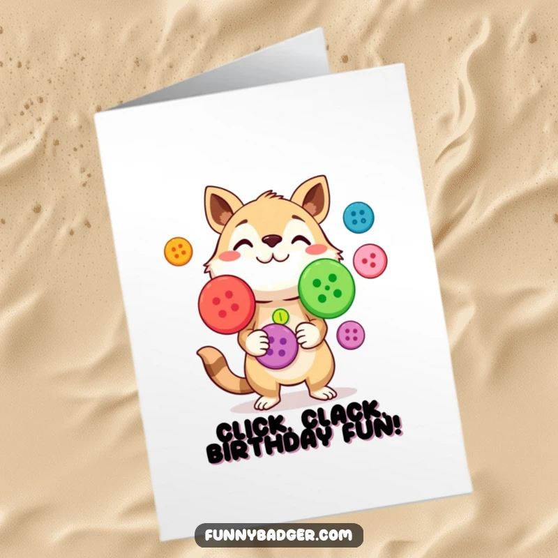 Funny Free Printable Birthday Card: Curious animal character skillfully juggling several large, brightly colored buttons with a look of concentration and fun.