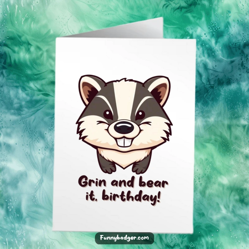 Funny Free Printable Birthday Card: Stylized badger head with a huge mischievous grin and oversized ears, ready for a laugh.