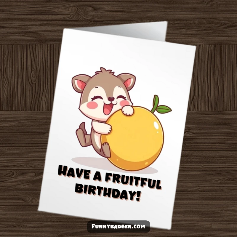 Funny Free Printable Birthday Card: Cheerful animal character comically tumbling head over heels with a ridiculously large, wobbly fruit, pure slapstick joy.