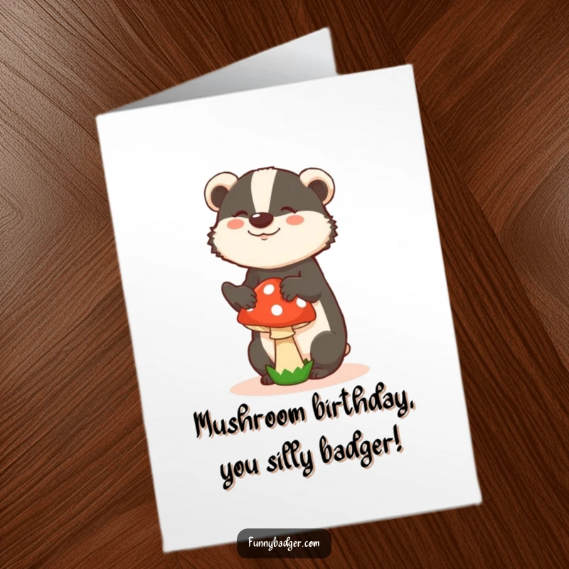 Funny Free Printable Birthday Card: Badger in a Silly Pose Trying to Balance a Mushroom on its Head, Ready to Party!