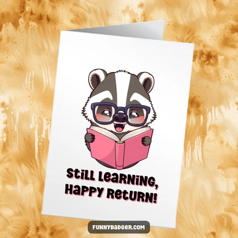 Funny Free Printable Birthday Card: Jovial badger in big glasses struggles to read a book upside down.