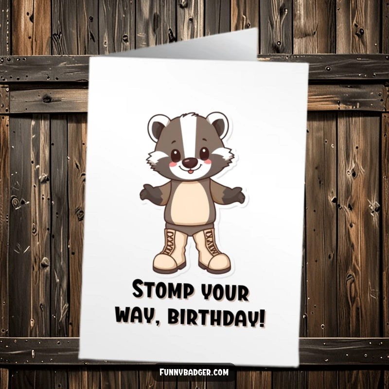 Funny Free Printable Birthday Card: A badger character joyfully stomping around in comically oversized boots.