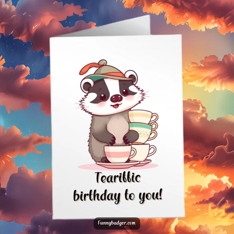 Funny Free Printable Birthday Card: A plump badger in a silly hat precariously balances a tall stack of delicate teacups.