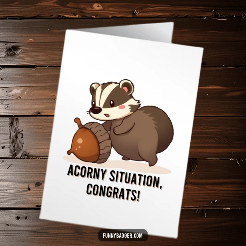 Funny Free Printable Congratulations Card: Surprised badger trips spectacularly over a giant rolling acorn.