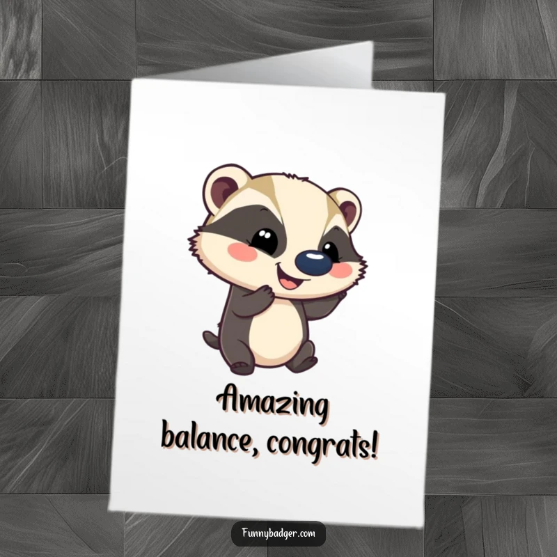 Funny Free Printable Congratulations Card: A smiling badger balances a huge ball on its nose in celebration.