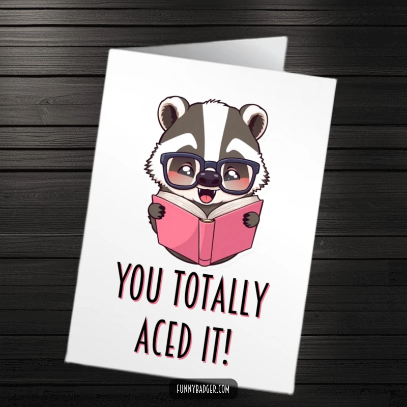 Funny Free Printable Congratulations Card: Badger with glasses reads upside down, celebrating an achievement humorously.