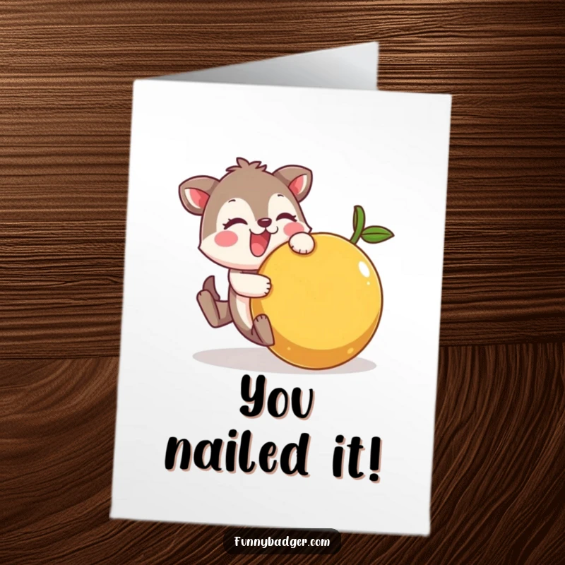 Funny Free Printable Congratulations Card: Cheerful animal character comically failing to keep control of a giant, wobbly fruit, a hilarious celebration of trying.