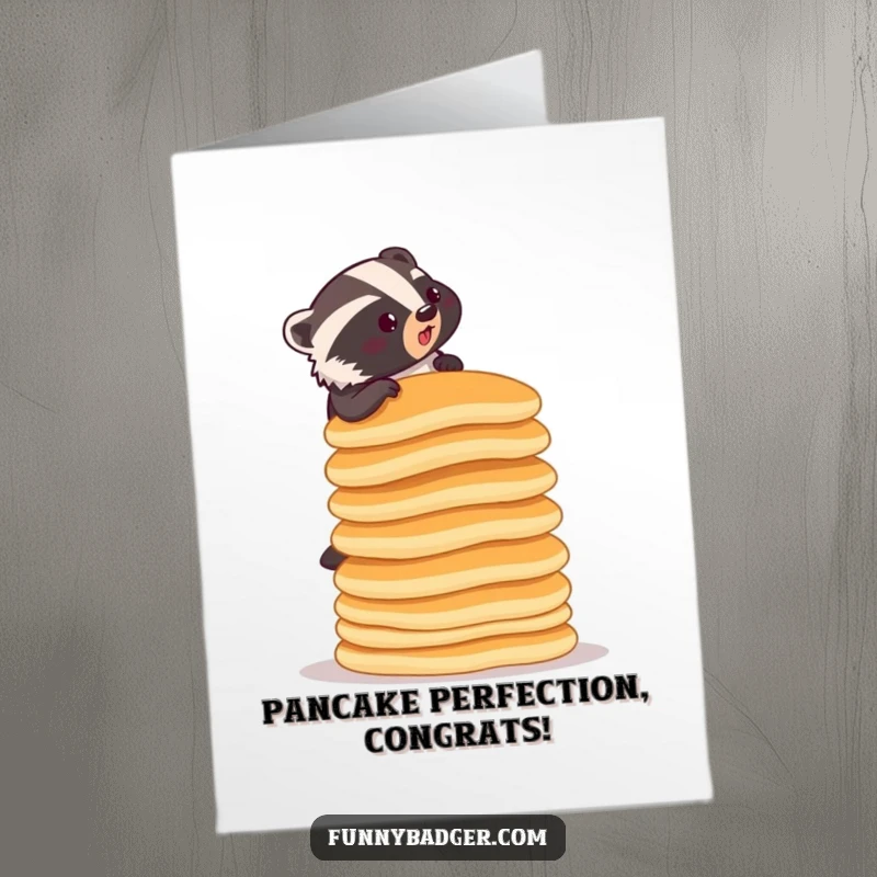 Funny Free Printable Congratulations Card: Determined badger strives to conquer a ridiculously tall stack of pancakes.