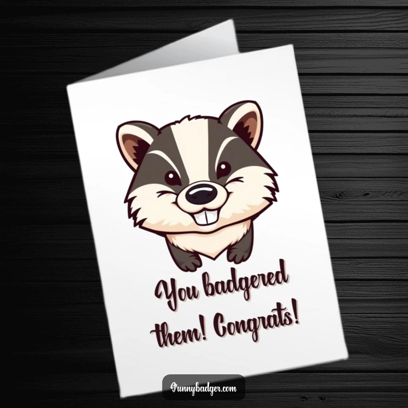 Funny Free Printable Congratulations Card: A stylized badger's head showing off a wide, mischievous grin and large ears.