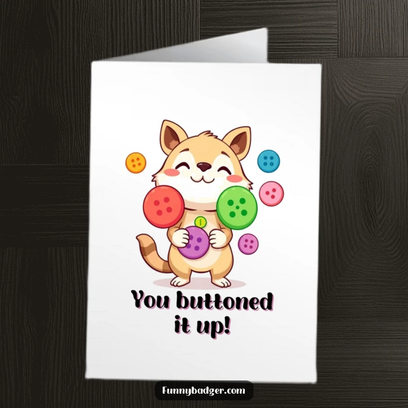 Funny Free Printable Congratulations Card: Curious animal character expertly juggling oversized, brightly colored buttons, showcasing impressive dexterity and a playful spirit.