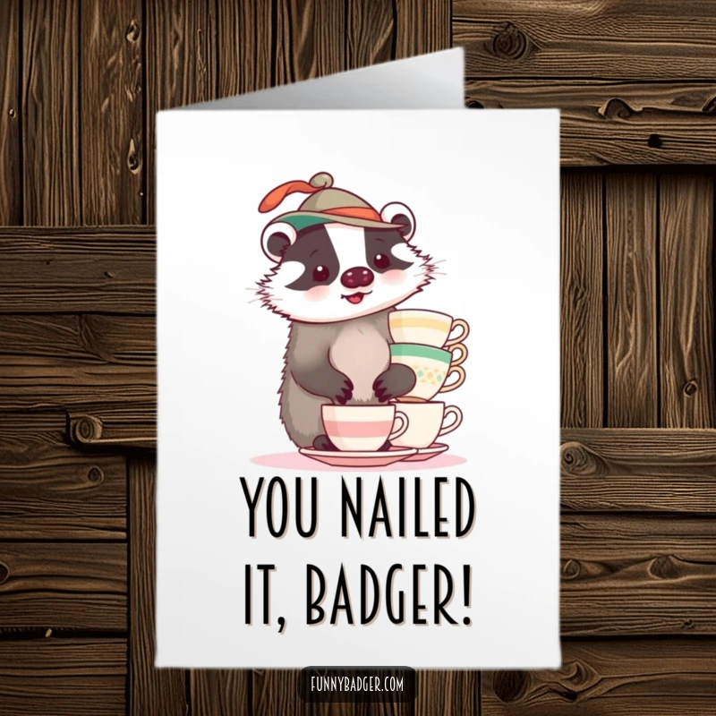 Funny Free Printable Congratulations Card: A plump badger wearing a funny hat skillfully tries to balance a wobbly stack of teacups.