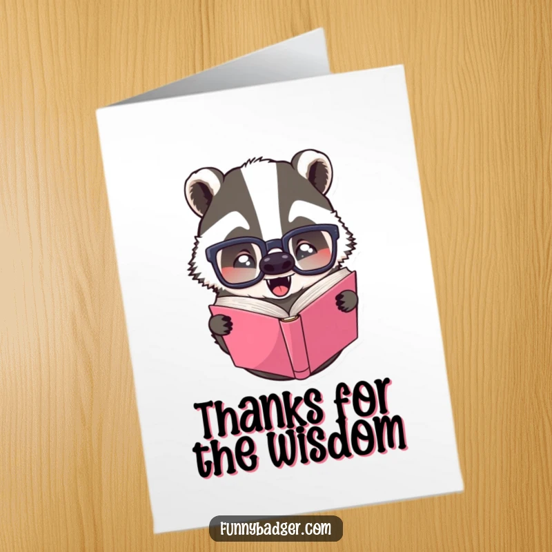 Funny Free Printable Thank You Card: Badger with glasses reads book upside down, offering quirky thanks.