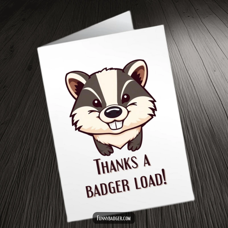 Funny Free Printable Thank You Card: Close-up of a stylized badger head with a massive, cheeky grin and prominent ears.