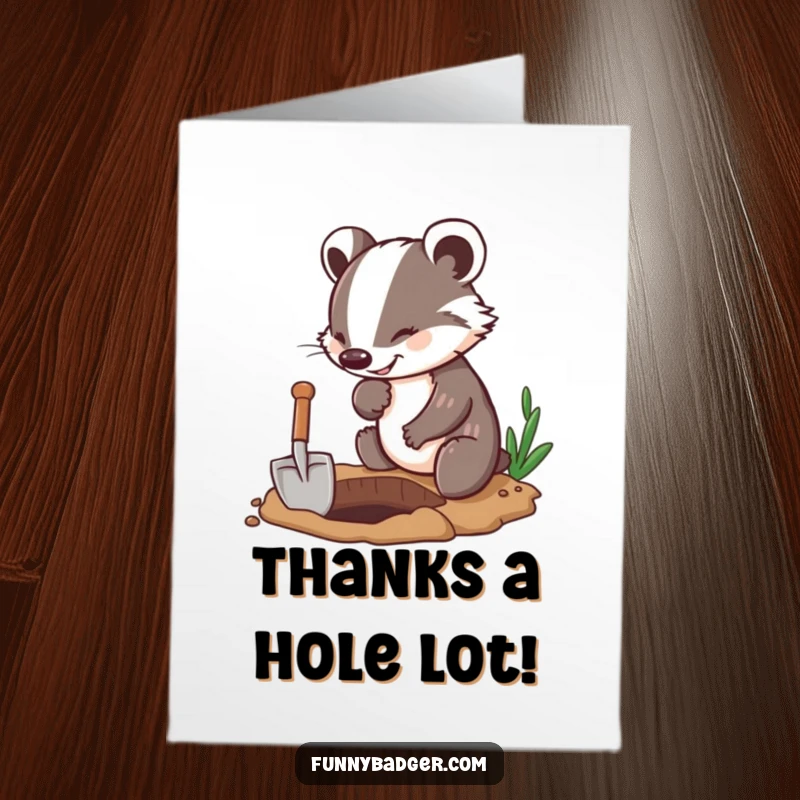 Funny Free Printable Thank You Card: A cheerful badger with a tiny shovel, enthusiastically digging a hole.