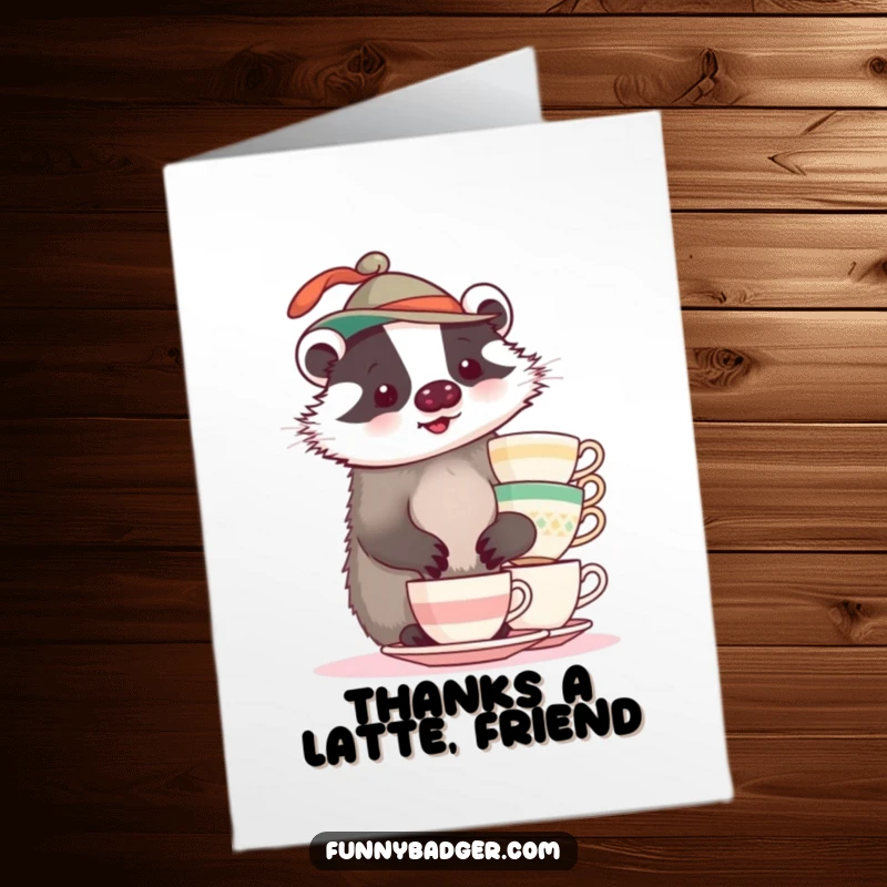 Funny Free Printable Thank You Card: A plump badger sporting a funny hat attempts to balance a stack of teacups while saying thank you.