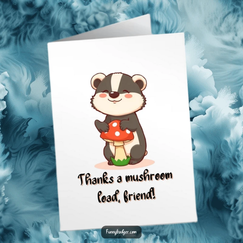 Funny Free Printable Thank You Card: Badger in a Silly Pose Balancing a Mushroom, Expressing Thanks with a Quirky Smile!
