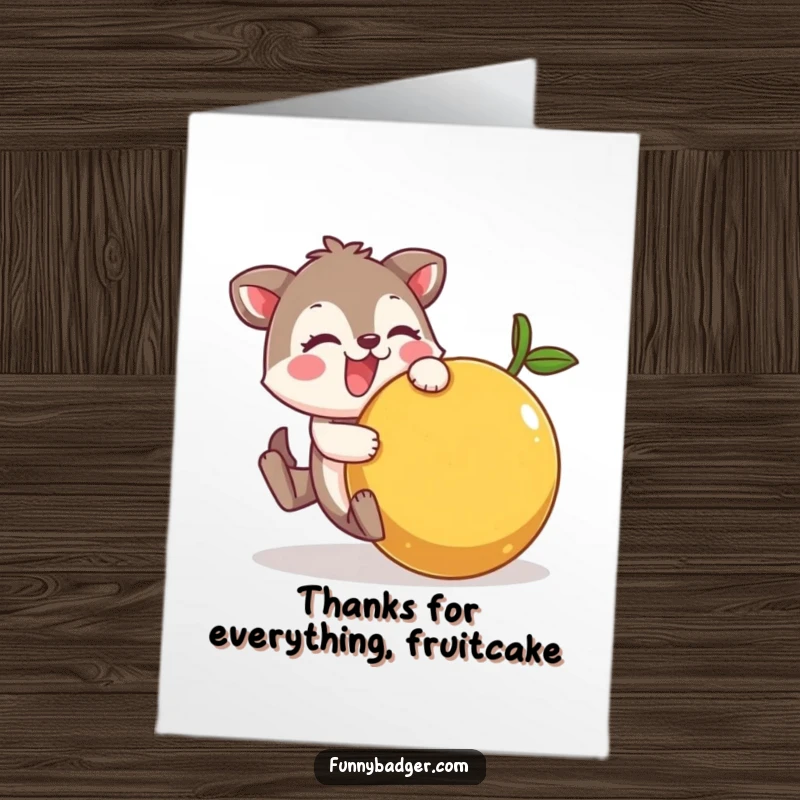 Funny Free Printable Thank You Card: Cheerful animal character comically tripping and tumbling with a huge, wobbly fruit, a funny way to say thanks.
