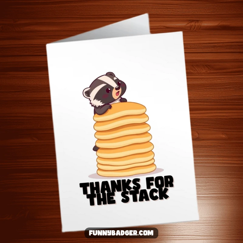 Funny Free Printable Thank You Card: Determined badger attempts to climb a towering stack of pancakes.