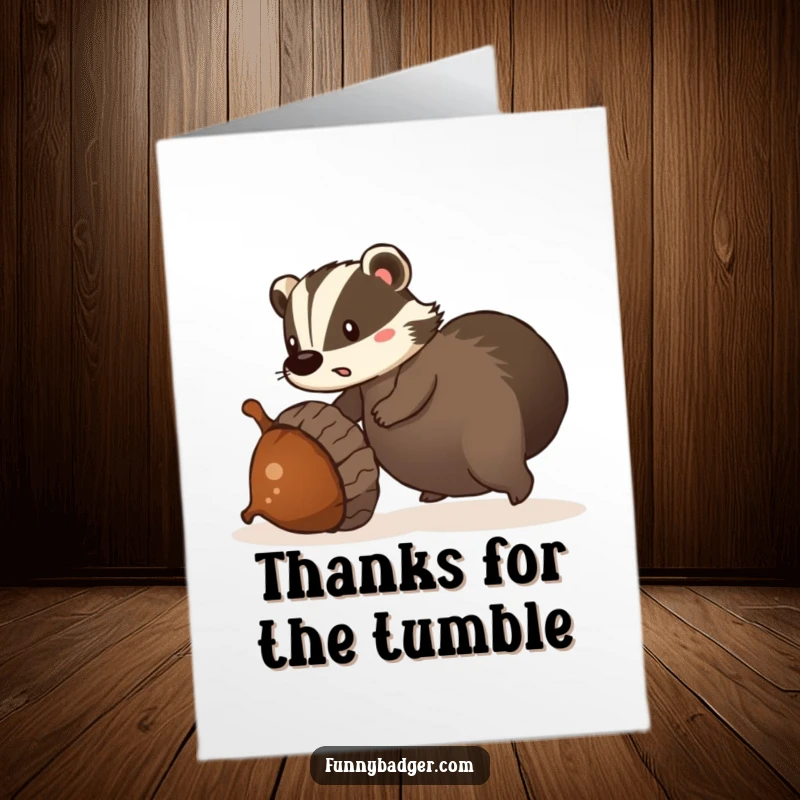 Funny Free Printable Thank You Card: A surprised badger trips over a giant acorn, creating a funny scene.