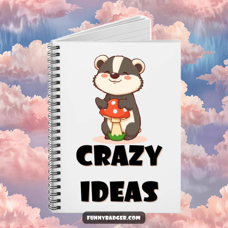 Funny notebook with a badger in a silly pose, balancing a mushroom, ideal for jotting down quirky thoughts and ideas.