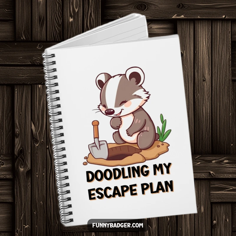 Funny Badger Notebook showcasing an energetic badger character digging with a tiny shovel, ideal for humorous note-taking and idea generation.