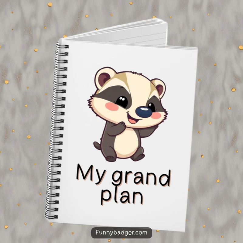 Funny notebook featuring a smiling badger balancing a comically large ball on its nose, perfect for jotting down notes and ideas.