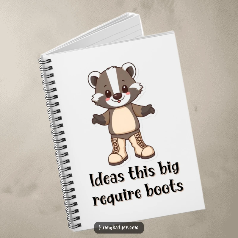 Funny Badger Notebook showcasing a happy badger character stomping in oversized boots, ideal for humorous note-taking and joyful ideas.