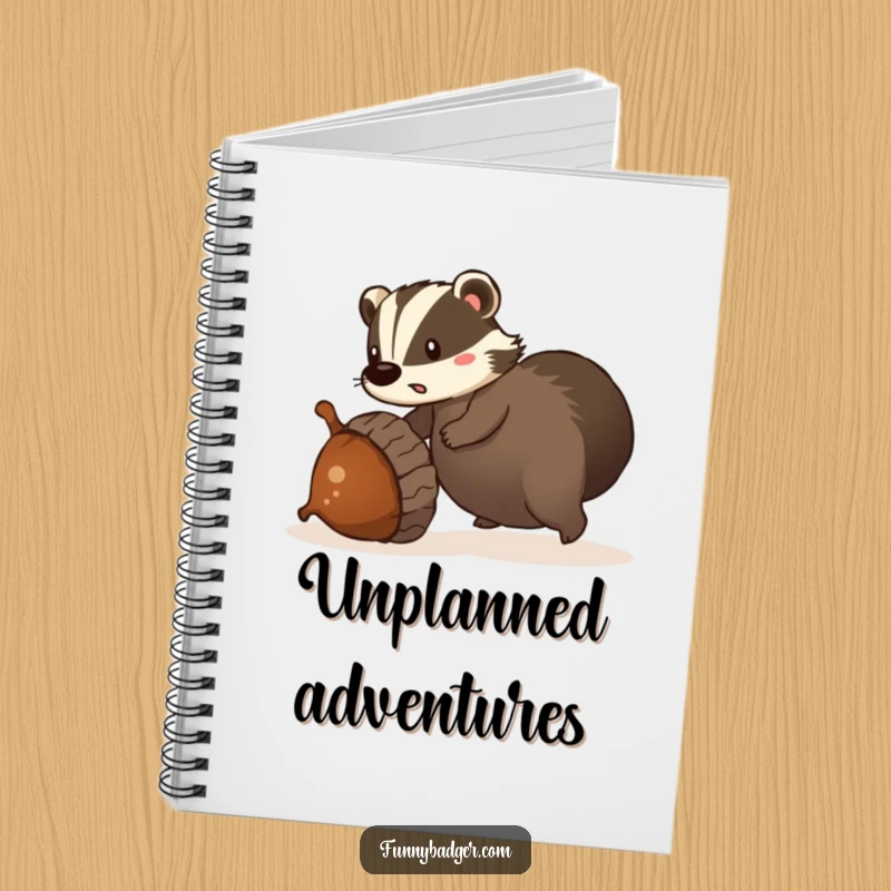 Funny notebook with a surprised badger tripping over a giant, rolling acorn, designed for jotting down notes and ideas.