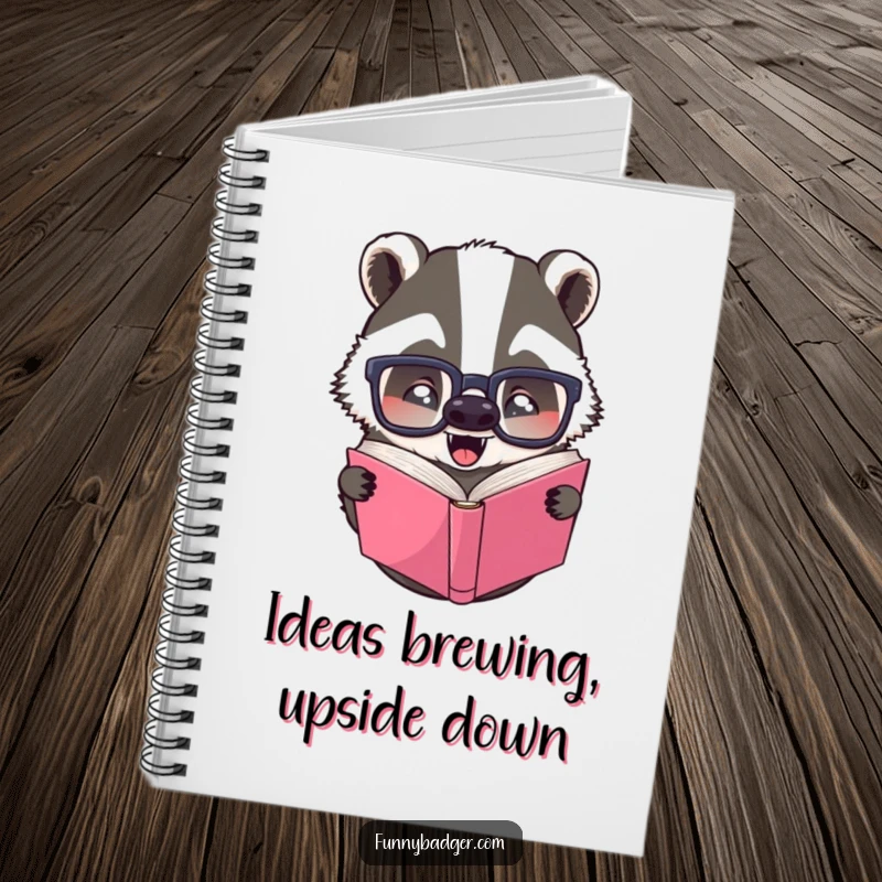 Funny notebook with a badger in oversized glasses reading a book upside down, designed for taking notes and doodling.