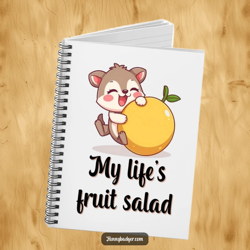 Funny Notebook featuring a cheerful animal character comically tumbling with a large, wobbly fruit, perfect for jotting down funny ideas.