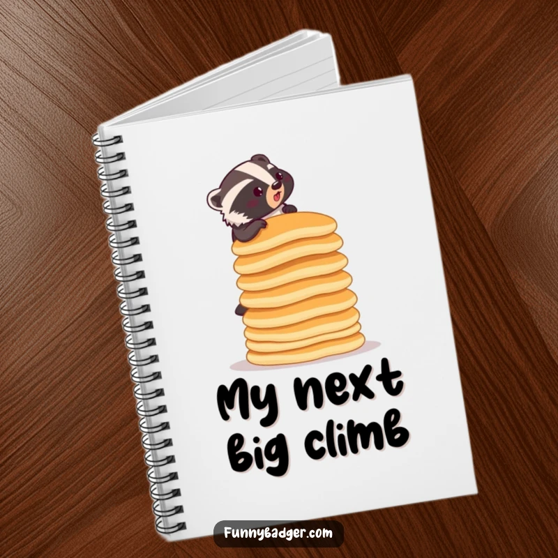 Funny notebook with a determined badger climbing a ridiculously tall stack of pancakes, designed for jotting down notes and ideas.