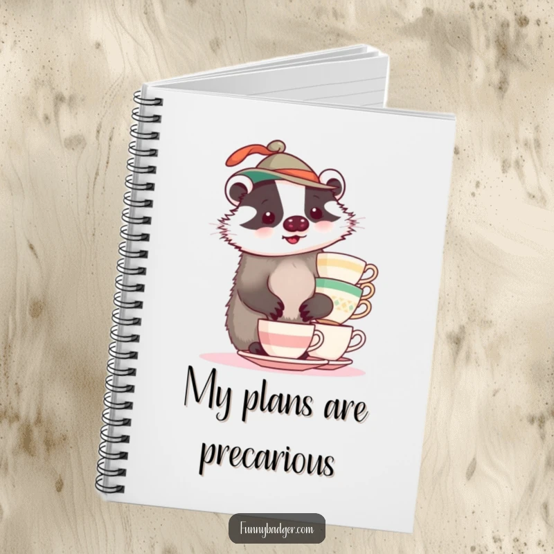 A plump badger wearing a funny hat, balancing teacups, featured on a humorous notebook.