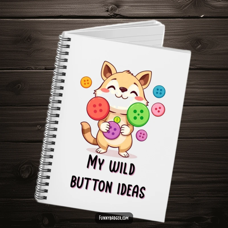 Funny Notebook featuring a curious animal character juggling brightly colored, oversized buttons, perfect for jotting down creative ideas.