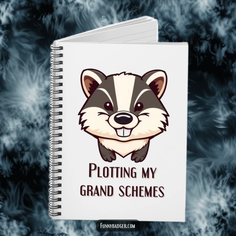 Funny Badger Notebook showcasing a stylized badger head with prominent big ears and a sly, mischievous grin, ideal for humorous note-taking.