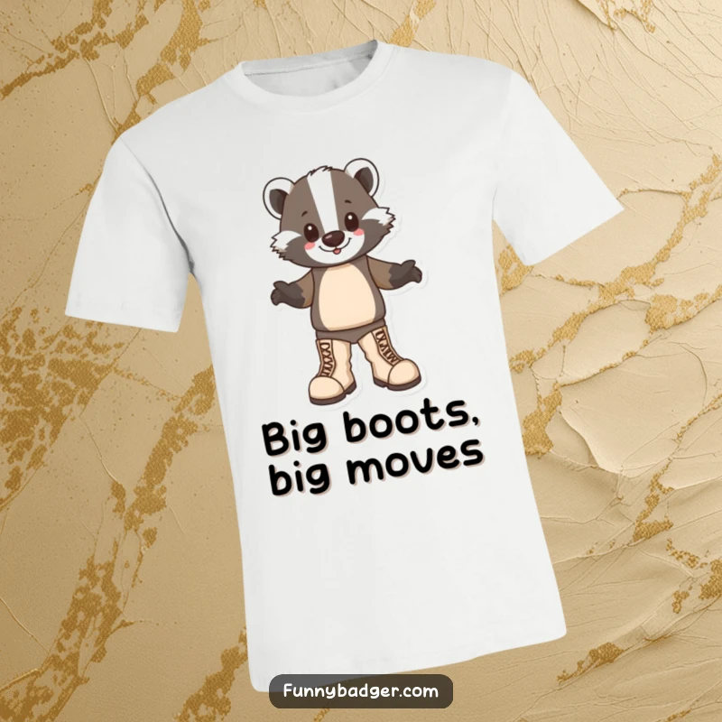 Funny Badger T-Shirt depicting a badger character happily stomping with large, oversized boots, conveying pure joy and humor.