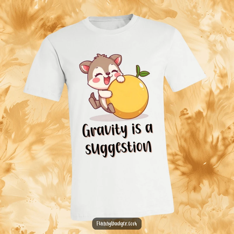 Funny T-Shirt featuring a cheerful animal character comically tumbling with a large, wobbly fruit, showcasing delightful, slapstick humor.