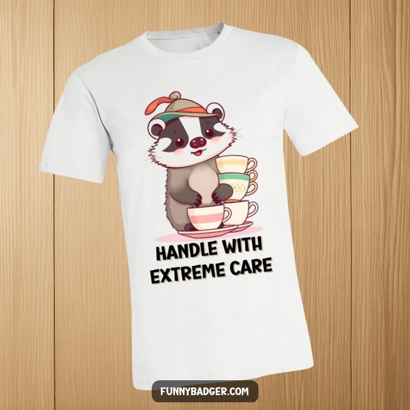 A plump badger wearing a funny hat, struggling to balance teacups, featured on a humorous t-shirt.