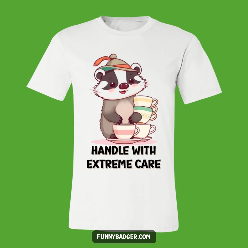 Funny Badger Teacup T-Shirt: Wobbly Hat Balance Design Gift