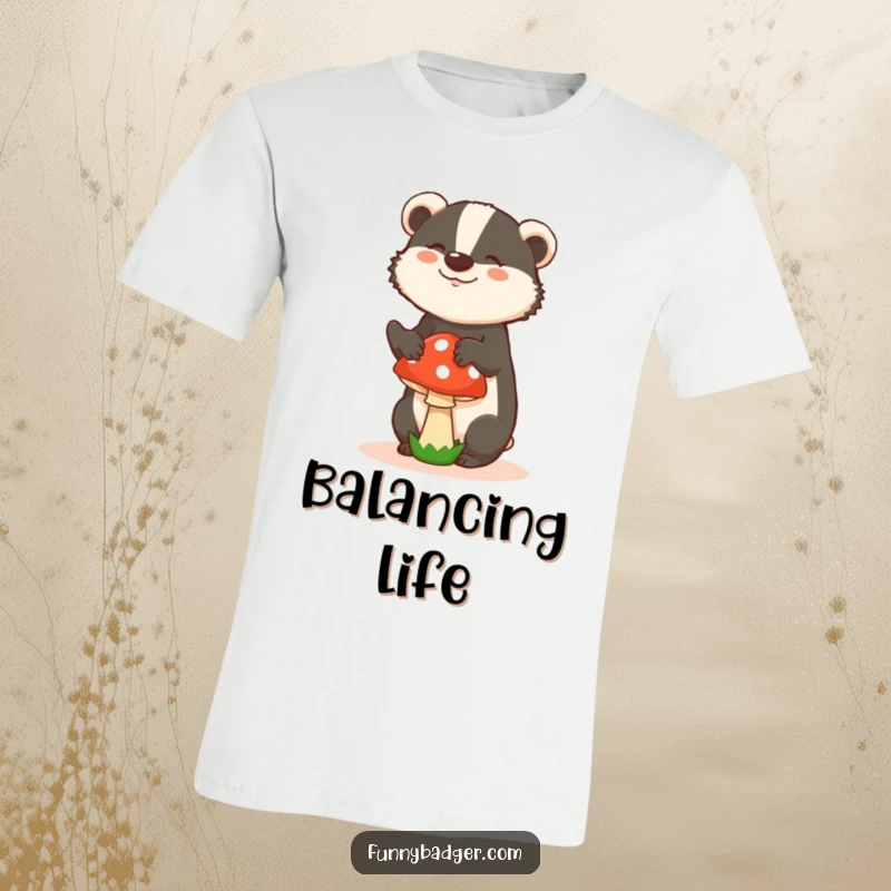 Funny t-shirt depicting a badger in a silly pose, struggling humorously to balance a mushroom, embodying playful clumsiness.
