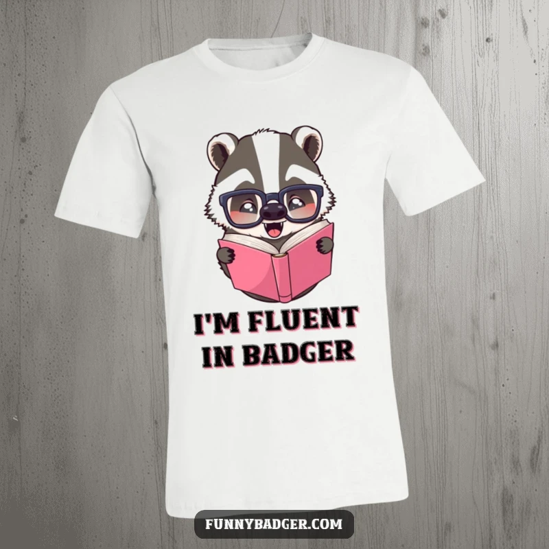 Funny t-shirt showcasing a jovial badger with big glasses attempting to read a book upside down with a silly expression.