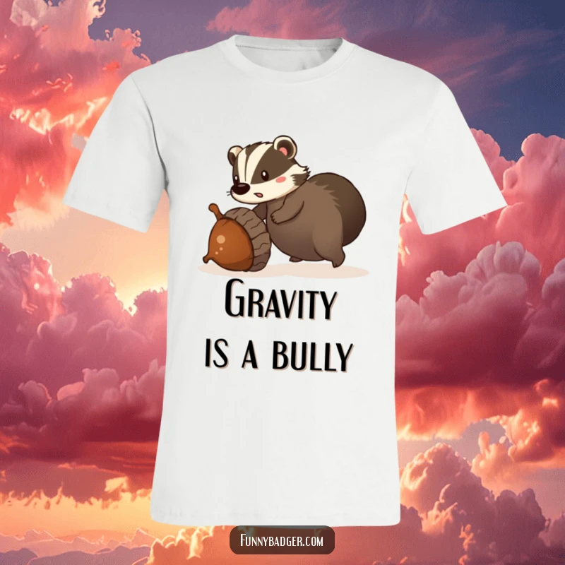 Funny t-shirt depicting a surprised badger tripping over a giant acorn that is rolling away, with a look of shock.