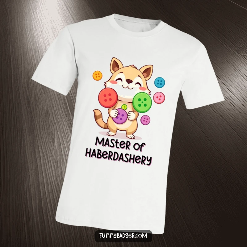 Funny T-Shirt featuring a curious animal character juggling brightly colored, oversized buttons, showcasing playful and artistic skill.