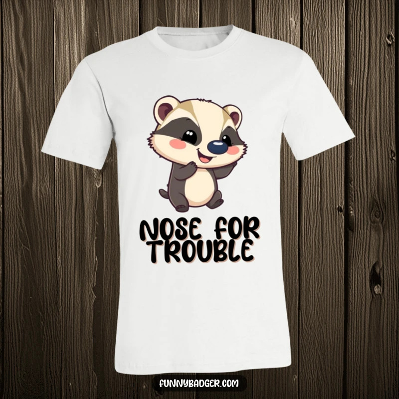 Funny t-shirt depicting a smiling badger balancing a comically oversized ball on its nose, showcasing talent and joy.