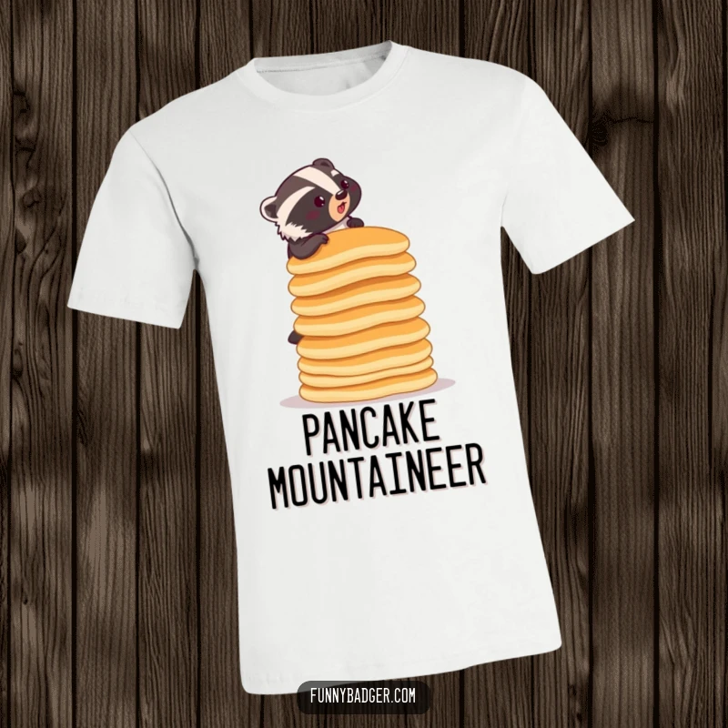 Funny t-shirt depicting a determined badger climbing a ridiculously tall stack of pancakes, showcasing ambition and breakfast goals.